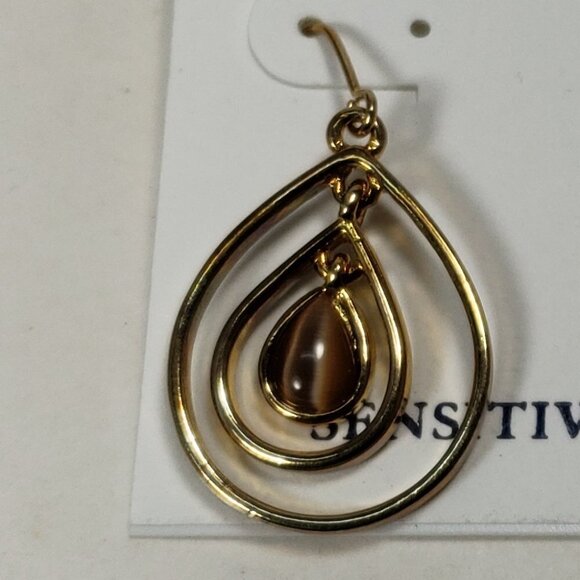 Croft & Barrow Polished Gold tone Double Hoops, Brown Fishhook Drop Earrings 1.5 - Picture 6 of 8